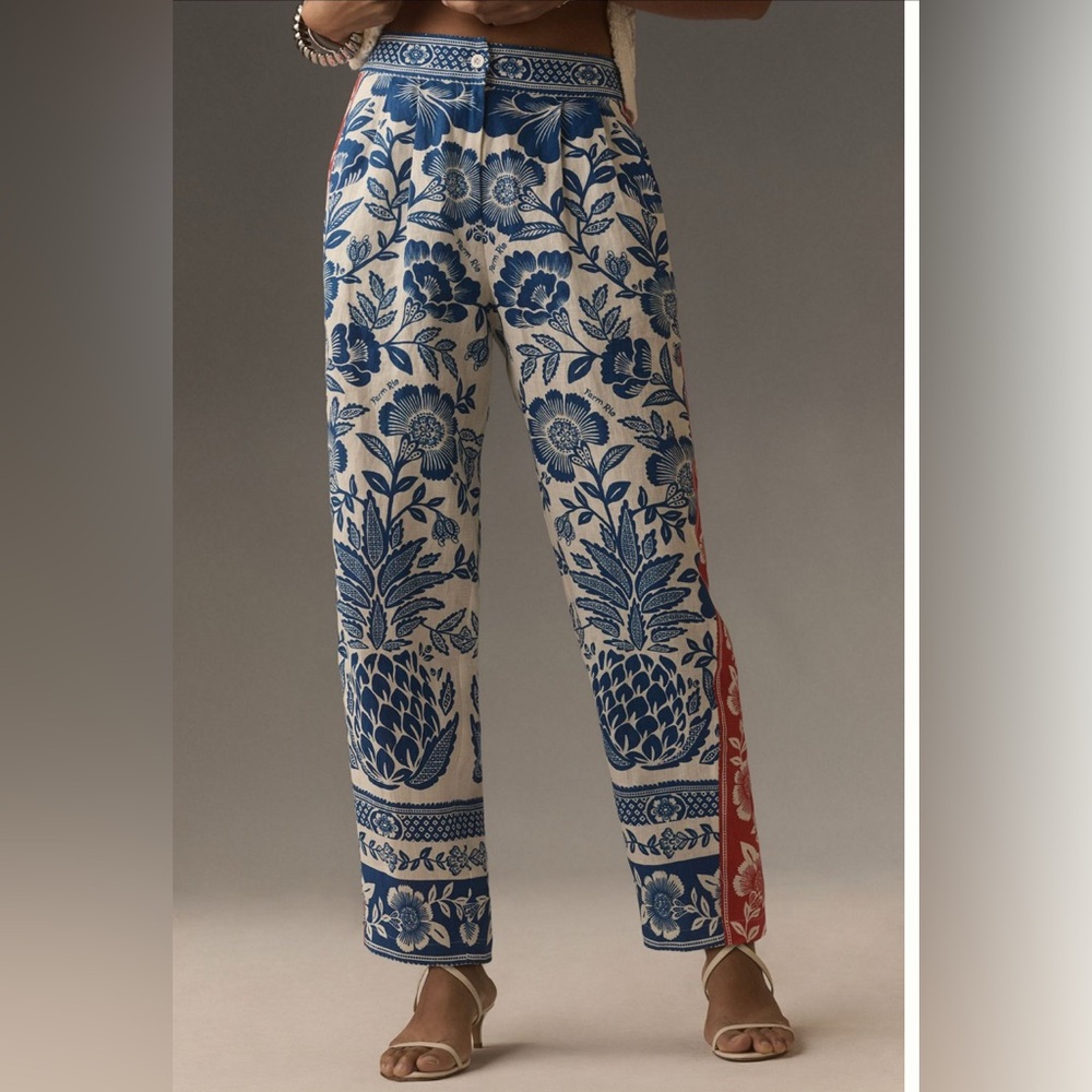FARM Rio Blue and White Floral Print Wide-Leg Pants with Red Side Stripe